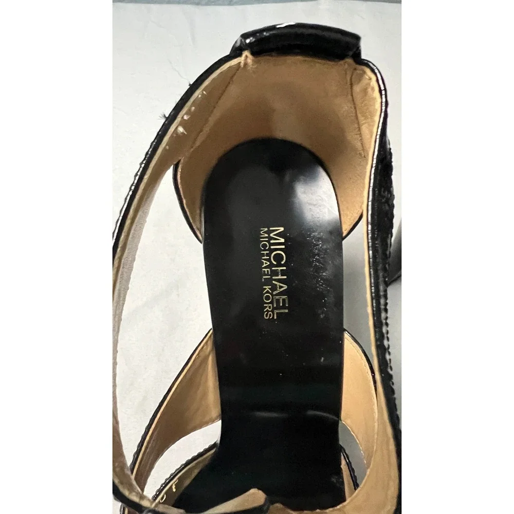 Michael Kors Black Patent Leather Front Zip Cage Sandals Heels PW18K Strapy‎ 8M